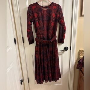 Samantha Sung Red Black Snakeskin Print Aster Midi Shirtdress Dress Belt Sash 6